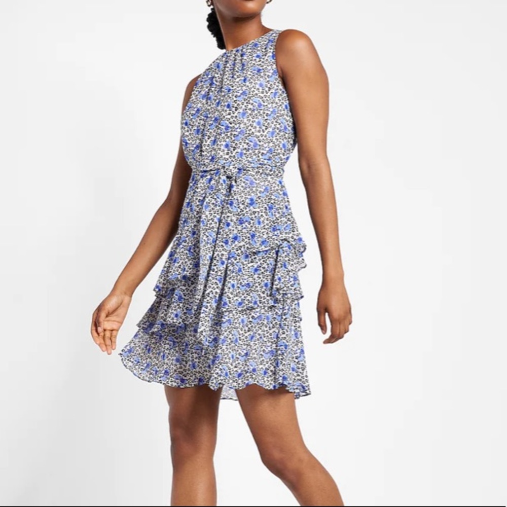 Express Floral Print Sleeveless Tie Waist Tiered Ruffle Dress